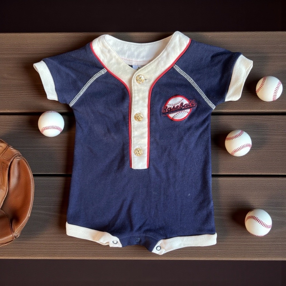 Vintage Sesame Street Baby Sz 6-9 Months Baseball Romper Embroidered Navy Blue